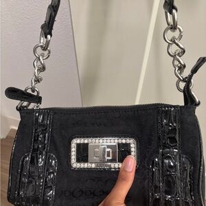 GUESS Black Mini Shoulder Bag with Chain Strap & Rhinestone Buckle